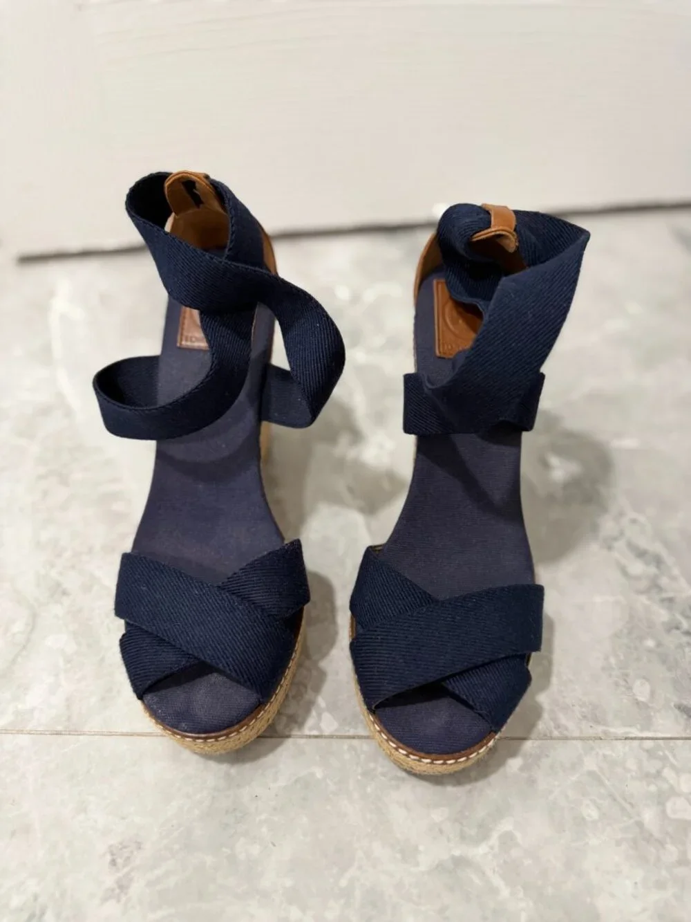 Tory Burch Navy Elastic Espadrille Wedge Size 9.5